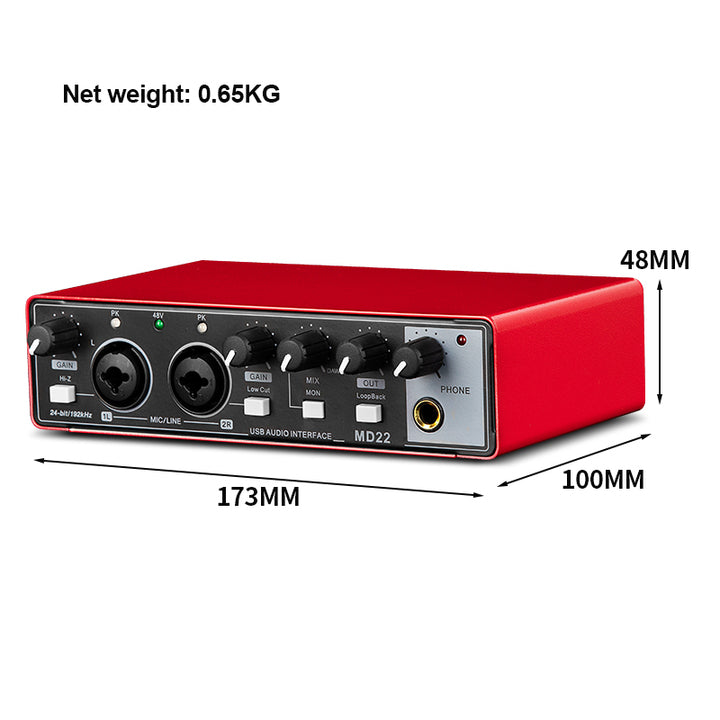 MD22 New Professional 2Channels 24Bit 192Hkz Audio Interface and USB Sound Card for Live Recording