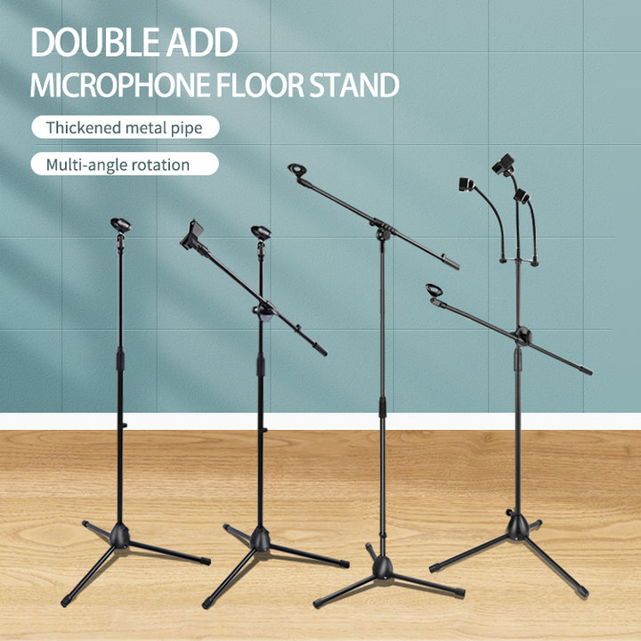 Adjustable Foldable Floor Tripod Microphone Flexible Arm Mic Holder With Dual Mic Clip Holder Microphone Stand