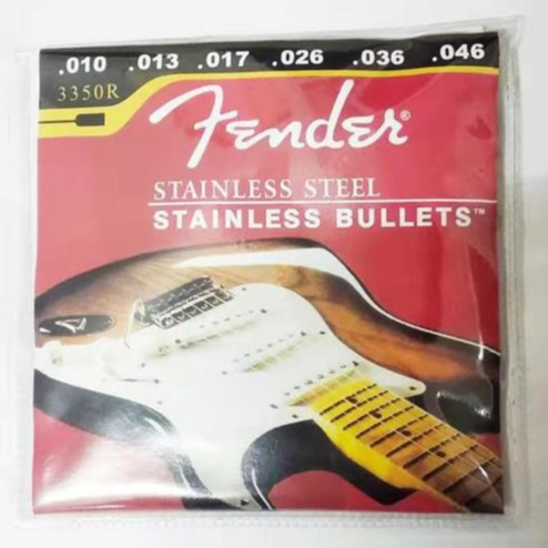 Fender stainless steel guitar strings packaging on a white background