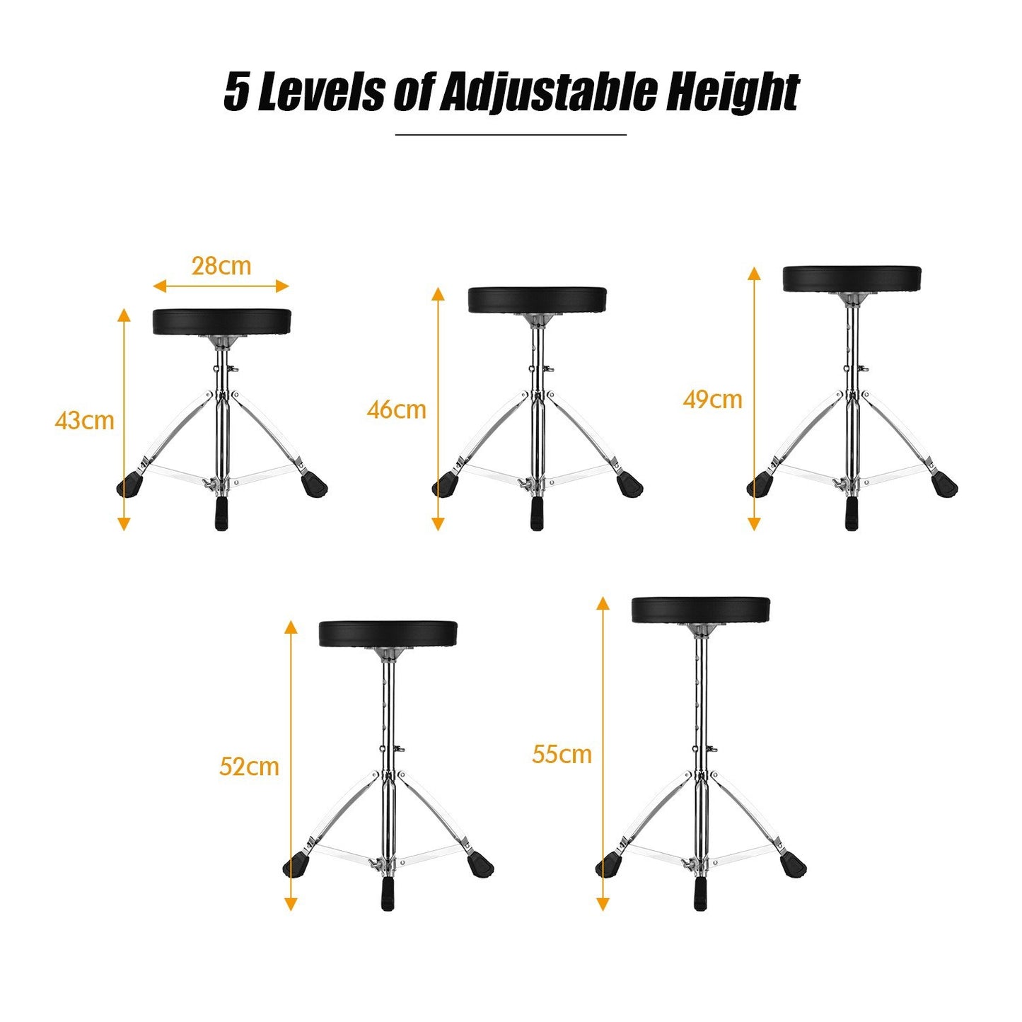 Best Price Drum Throne Round Padded Seat with Stainless Steel Legs Anti-slip 5 Levels Adjustable Height