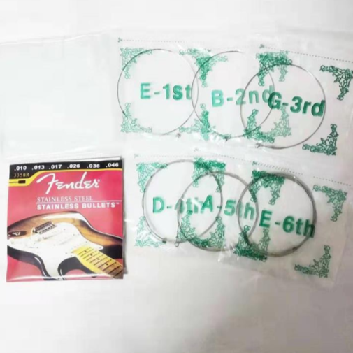 Fender guitar string set with packaging on a white background