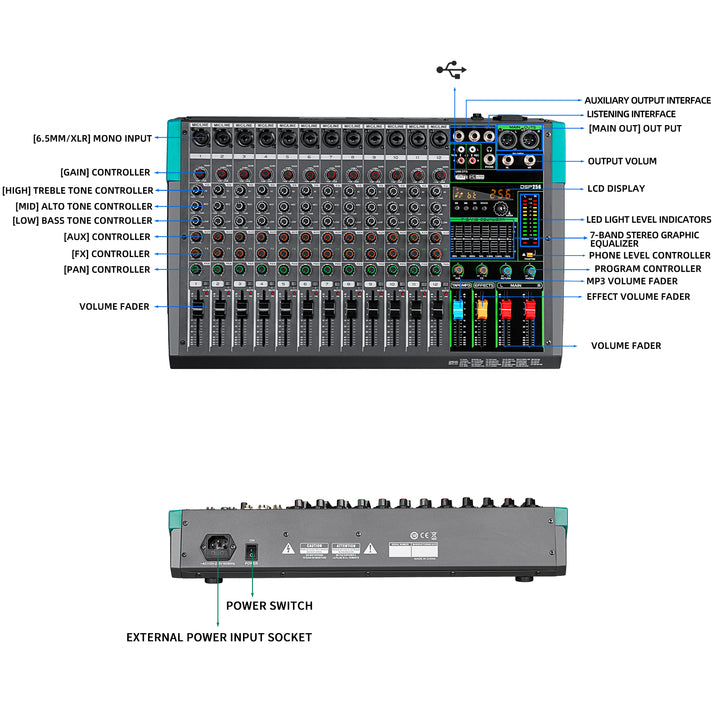 Biner MG12 Audio Console Mixer USB Connection 12 Channels Digital Professional Audio Mixer Console