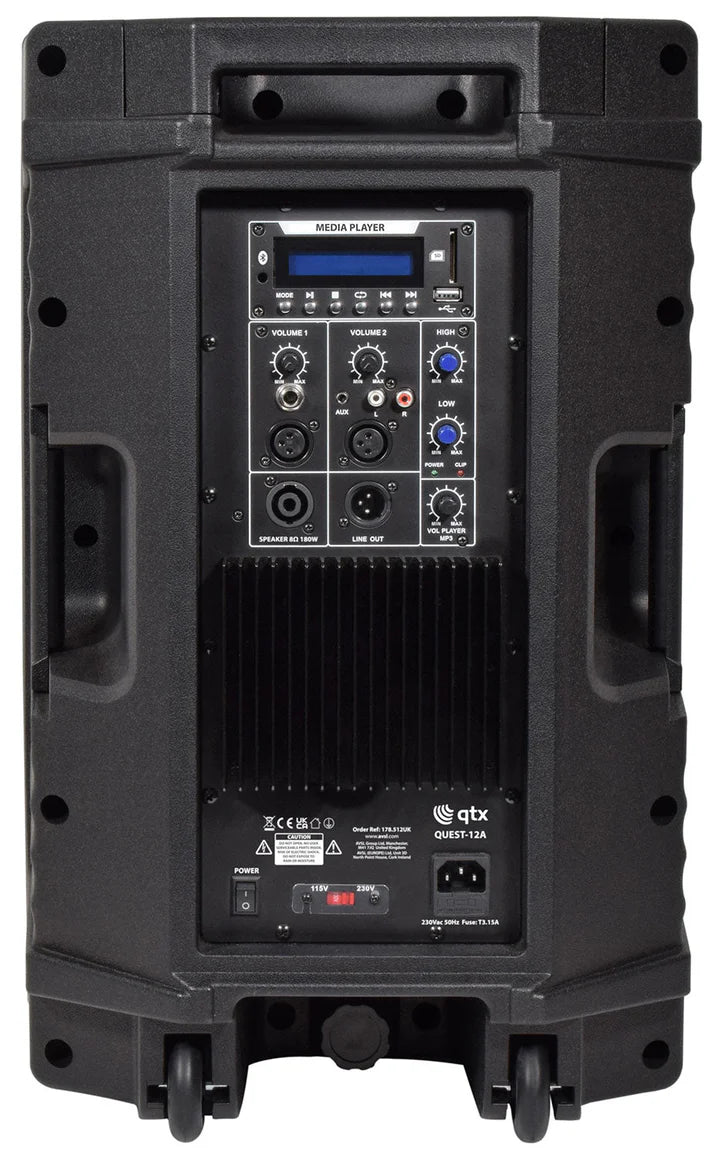 QTX Quest-12A Powerful Active PA cabinet Bluetooth FM tuner Speaker with wheels