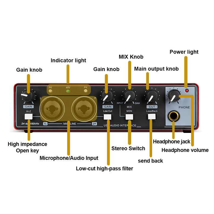 MD22 New Professional 2Channels 24Bit 192Hkz Audio Interface and USB Sound Card for Live Recording