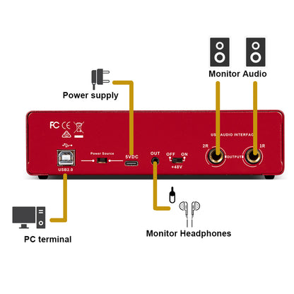 MD22 New Professional 2Channels 24Bit 192Hkz Audio Interface and USB Sound Card for Live Recording