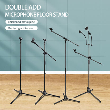 Adjustable Foldable Floor Tripod Microphone Flexible Arm Mic Holder With Dual Mic Clip Holder Microphone Stand